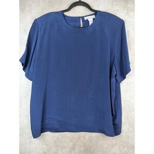NWOT VTG Anna and Frank Blouse Womens XL Navy Blue 100% Silk Short Sleeve